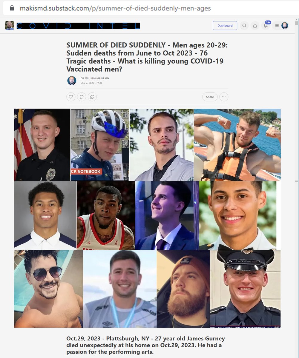MakisMedicine's tweet photo. NEW ARTICLE: SUMMER OF DIED SUDDENLY - Men ages 20-29: Sudden deaths from June to Oct 2023 - 76 Tragic deaths - What is killing young COVID-19 Vaccinated men?

Summer of 2023 was the deadliest summer for COVID-19 Vaccinated people in past 3 years.

We now see young Pfizer or Moderna mRNA vaxxed men dropping dead every single day and it's no longer unexpected or surprising.

Some recent examples:

Oct.27, 2023 - Ravenna, OH - 27 year old Police Officer Thomas Wike died suddenly at his home

Oct.22, 2023 - Newmarket, UK - 25 year old Dallon Holmes, amateur jockey who worked in racing yards and had ridden in 3 races was found dead in his home

Sep.18, 2023 - Trento, Italy - 24 year old motorcycle racer Filippo Momesso was found dead in his home on Sep.18, 2023 A few months ago he graduated computer engineering at Trento University

Sep.12, 2023 - 26 year old Sylvester Sackey, professional soccer goalkeeper for Ghana Premier League Club Legon Cities died suddenly

Aug.27, 2023 - California - 26 year old runner Sam Norton collapsed on August 27, 2023 while competing in the Santa Rosa Marathon he collapsed at the 23rd mile and died suddenly in the hospital. He was running to qualify for the 2024 Boston Marathon

Aug.27, 2023 - Ivaipora, Brazil - 27 year old soccer player, Rafael Rocha, collapsed during a soccer game and died suddenly on August 27, 2023

Aug.22, 2023 - Shelley, ID - 25 year old Karl Saint Christopher Tucker II, former Montana State football player died unexpectedly on Aug.22,2023 following an "unexpected cardiac event"

Aug.22, 2023 - Houston, TX - 23 year old Reggie Chaney, former University of Houston Basketball player was found dead in his apartment on Aug.22, 2023. Foul play not suspected.

Aug.14, 2023 - 21 year old Rodion Amirov, NHL Hockey Toronto Maple Leafs prospect died on Aug.14, 2023. Diagnosed with a brain tumor in Feb.2022, he was receiving treatment in Munich, Germany where he died

Aug.11, 2023 - 21 year old Jason Apreku, Computer science student at Indiana University of Pennsylvania collapsed at 4:30pm while hiking and died on Aug.11, 2023

In my article, these 76 sudden deaths of men ages 20-29 over the past summer represent a small but important sample of what is happening in all highly COVID-19 Vaccinated countries.

In this group of 76 sudden deaths there were:

27 athletes (5 soccer, 5 football, 4 cyclists (bike or motor), 3 baseball, 2 horse riders, 2 triathlete/marathoner, 1 hockey, 1 basketball, 1 wrestler, 1 boxer, 1 rugby, 1 personal trainer)

7 university students
5 police and 1 firefighter
4 soldiers or sailors
4 artists
3 doctors or medical students

Cause or manner of death where info available:

16 cardiac arrests (at least)
12 died at home
11 died in their sleep
8 died while running or racing (marathon, cycling)
5 died playing soccer or rugby
5 died from Turbo Cancer
4 died from training (military, police)
4 died from infection
4 died at work
2 died on vacation
2 died in their car
2 died from blood clots
1 brain bleed
1 seizure
1 died on the plane
1 died on the street
1 died while having dinner

For men ages 20-29, the sudden and unexpected deaths are predominantly cardiac, to a higher degree than I expected.

Women ages 20-29 who die suddenly get hit much harder with blood clots and turbo cancers than men 20-29.

So overall, what's killing COVID-19 Vaccinated men ages 20-29?

Being any kind of athlete (by far), with soccer players, football players and cyclists being at highest risk of sudden death. It's Dec.2023 and this is still the case right now.

Being military or first responder (police, firefighter). Especially during training. This is a consequence of illegal and unscientific COVID-19 Vaccine Mandates (anyone involved with vaccine mandates must face criminal charges and life in prison)

University students are still dying suddenly. Even if mandates have ended, they're still dying.

What is the most typical manner of death?

Cardiac arrests, dying at home or dying in their sleep are by far the most common.

But there is a large portion of deaths that involve exercise - the deadliest being running, playing soccer, and any king of “training”

This is where doctors should be taking steps to save lives. Screening. Prevention. Treatment.

This is where most of the unnecessary deaths of young men ages 20-29 are occurring.

If we’re going to SAVE any mRNA jabbed men in the 20-29 age group, the focus must be on the HEART.

Instead, doctors aren't doing anything to protect their patients. They're too busy "dying suddenly" themselves.

This is truly an era of "dark ages" for medicine, probably the darkest in history.

Special thanks to: @tulloch1978 @resilient333
@toobaffled @JonelessHomes @vancemurphy

Article Link in photo to avoid shadowban, just re-type the URL into your browser to access.

@VigilantFox @TheChiefNerd @P_McCulloughMD @DrAseemMalhotra @twc_health

#DiedSuddenly #cdnpoli #ableg