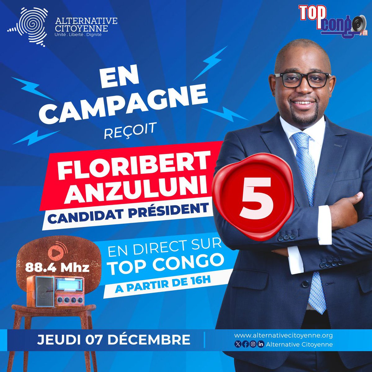 A vos agendas!Le candidat citoyen présentera ce jeudi 07 décembre 2023 sur <a href="/TopCongo/">TOP CONGO FM</a> sa vision pour un Congo propspere issus du contrat social
Soyons à l'écoute pour comprendre les véritables enjeux de la présidentielle de décembre.
<a href="/FloribertAnzu/">Floribert Anzuluni</a> <a href="/RFIAfrique/">RFI Afrique</a> <a href="/jeune_afrique/">Jeune Afrique</a>