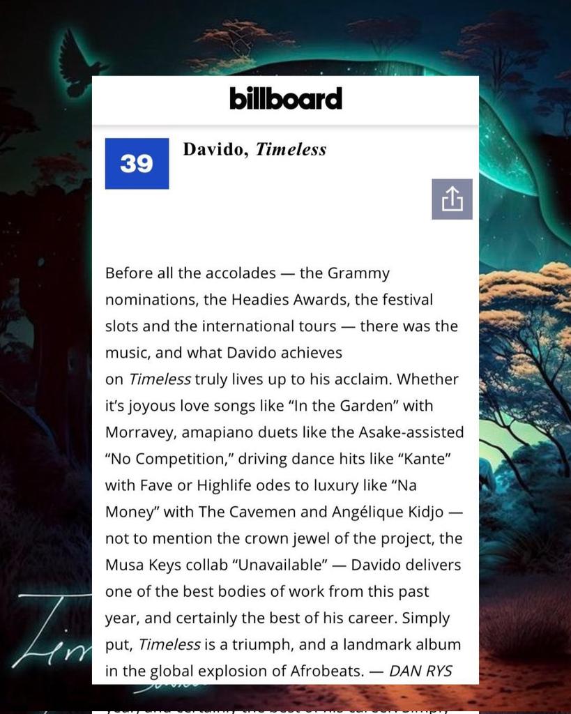 AfricaFactsZone's tweet photo. Davido's Grammy-nominated album, Timeless has been ranked no. 39 on Billboard's 50 Best Albums of 2023: Staff List.

It is the only African album on the list. https://t.co/ue6QrAVH6F