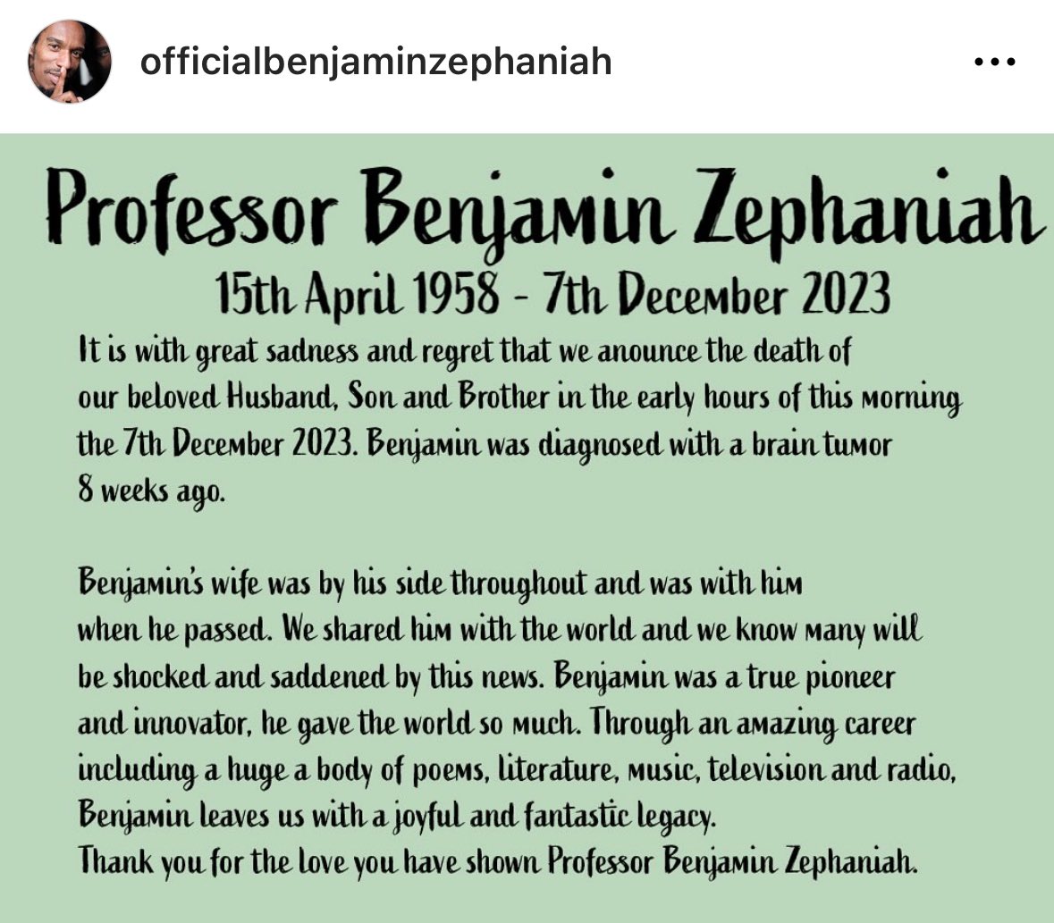 ShareefaEnergy's tweet photo. Like we needed more bad news. Benjamin Zephaniah has passed away. Thank you for everything, thank you for your heart, for your kindness, for your solidarity, for showing us the way and teaching us to Never be neutral in the face of injustice and whitewash no MBE/OBE. I’m in shock https://t.co/WFWOzLrLNw