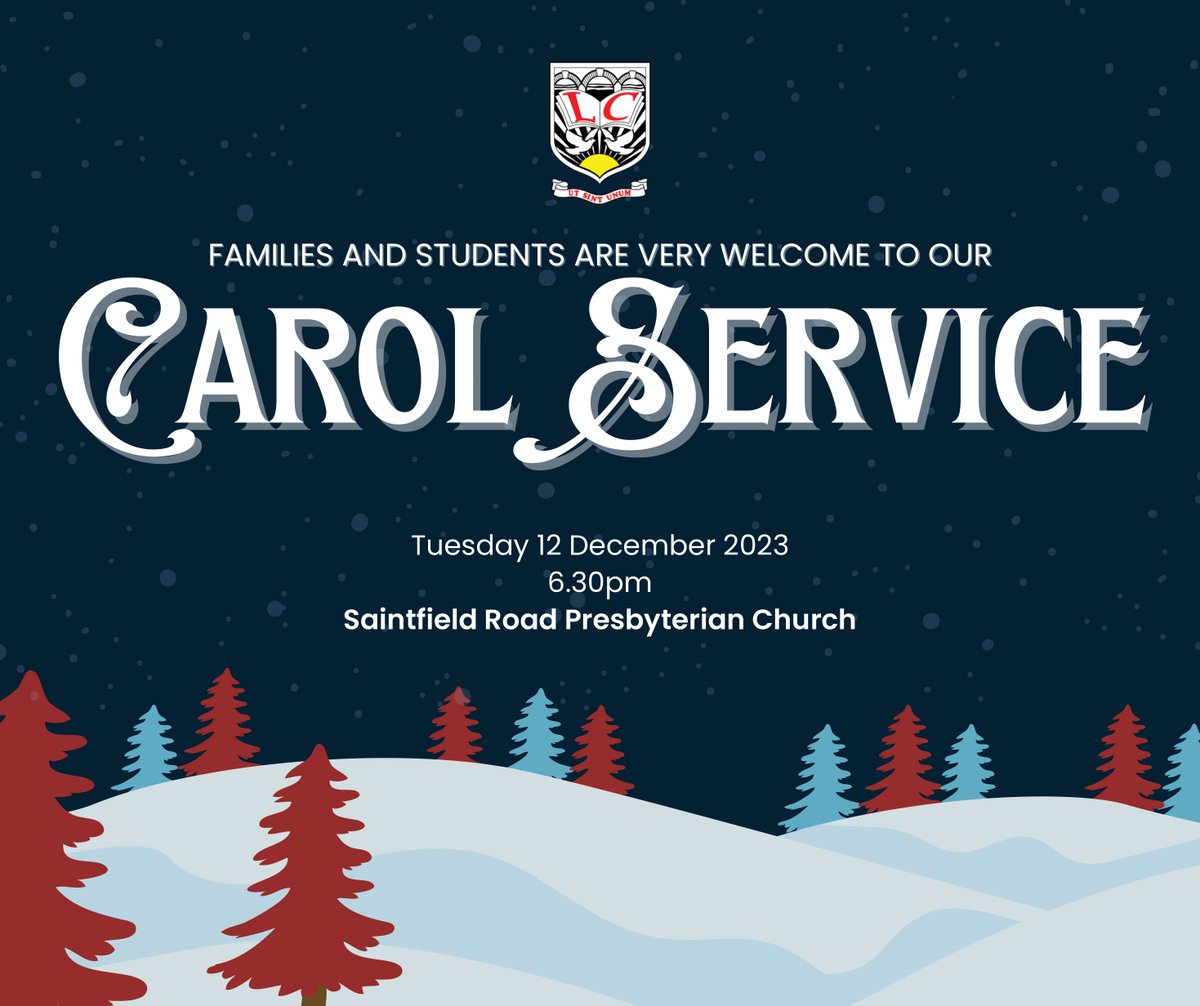 𝗟𝗮𝗴𝗮𝗻 𝗖𝗼𝗹𝗹𝗲𝗴𝗲 𝗖𝗮𝗿𝗼𝗹 𝗦𝗲𝗿𝘃𝗶𝗰𝗲🎄 Join us on Tuesday 12 December at 6.30pm in @saintfieldroad for our Carol Service. Everyone is really welcome!🌟