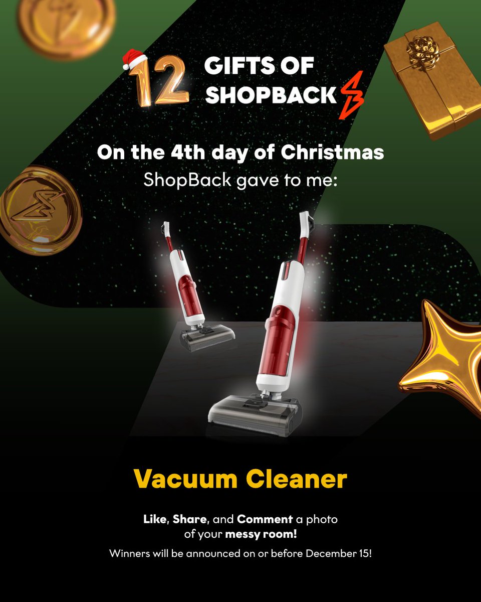 shopbackph's tweet photo. On the 4th day of Christmas, ShopBack gave to me: a VACUUM CLEANER!🤩🤩🤩

🎁 Like and Share this post!
🎁 Comment your answer with a photo of your messy room.
🎁 Must be following ShopBack's social media accounts.

#PinakaEXTRAAA #NinongShopBack
#ShopBackPH https://t.co/d67C19iZXR