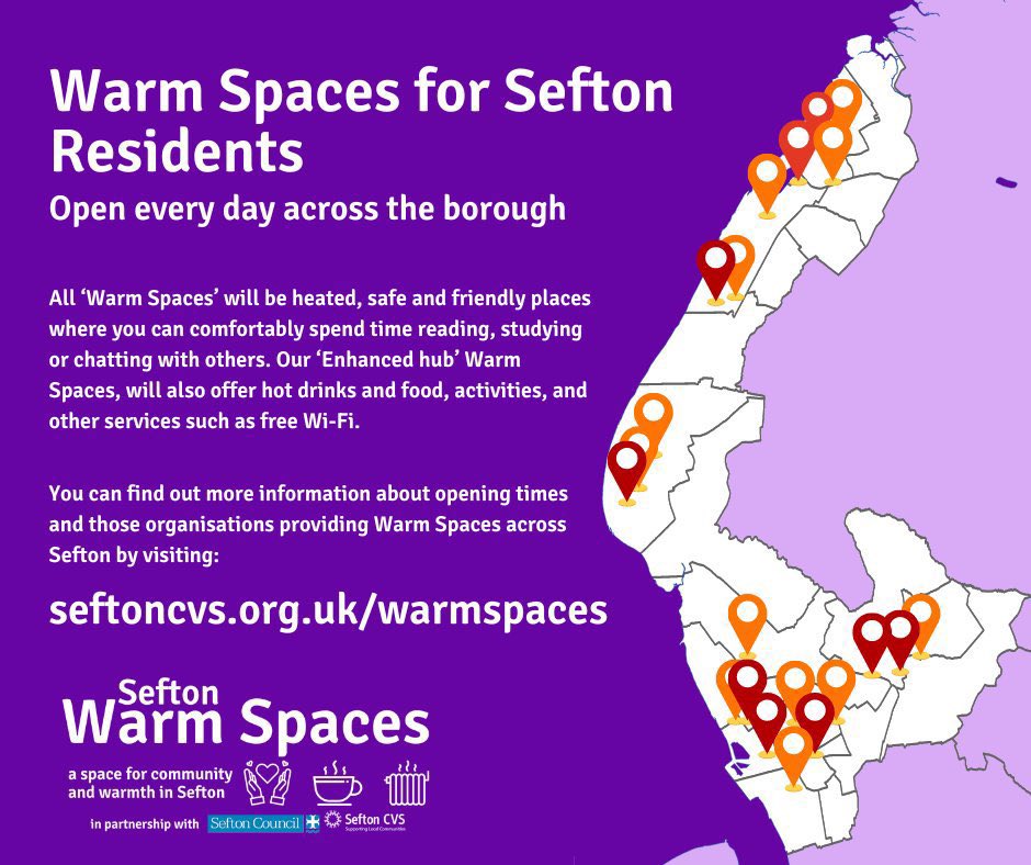 As temperatures drop a reminder that our Sefton Warm Spaces network is here for you 💙

Warm Spaces provide residents with a local safe, friendly warm space where you can connect with others.

Find your nearest Warm Space;
➡️ seftoncvs.org.uk/warmspaces/

#SeftonWarmSpaces #MySefton