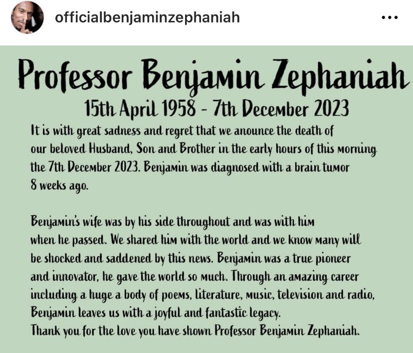 ‘I used to think poets were boring/until I became one of them’ - RIP Benjamin Zephaniah 🎆