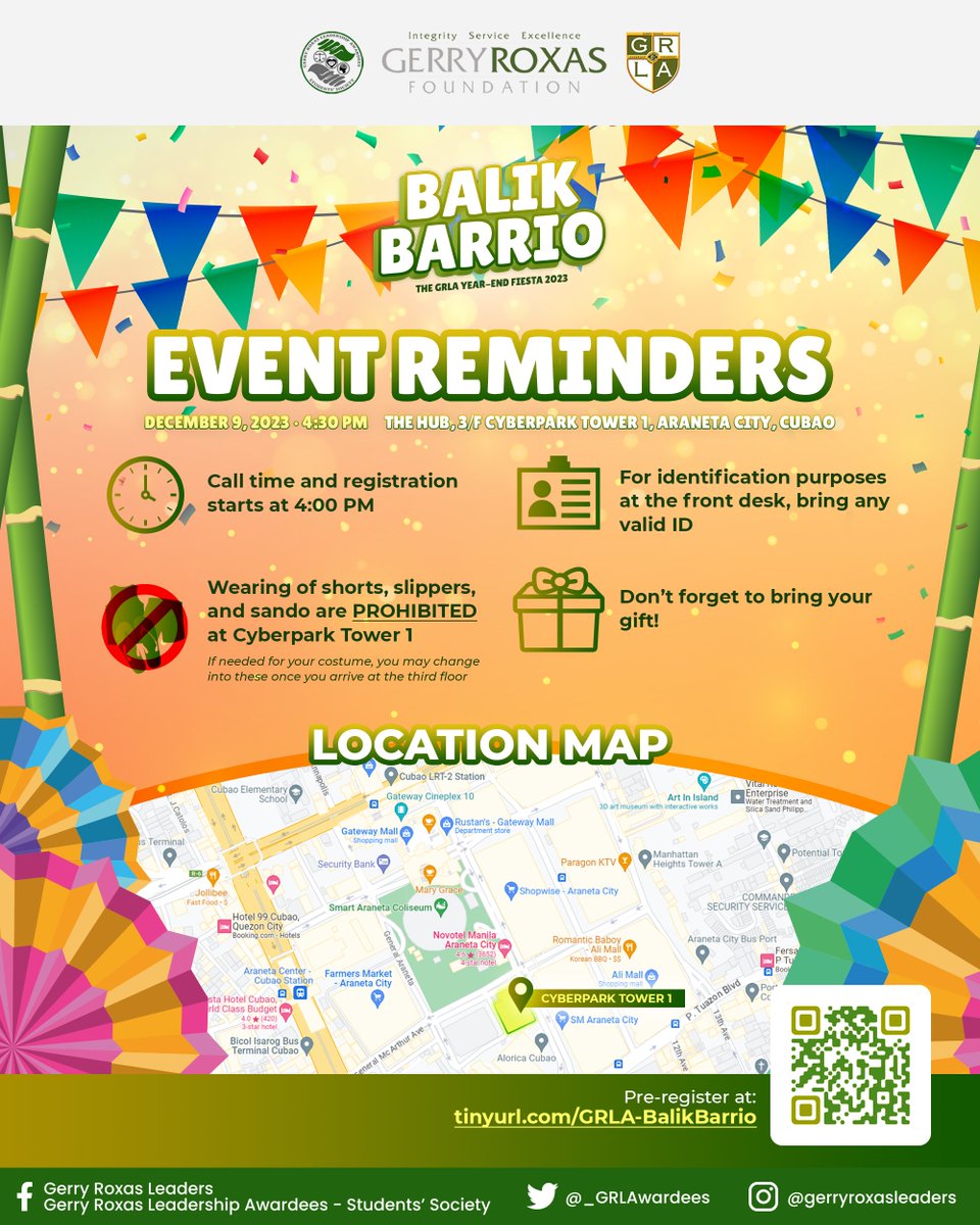 _GRLAwardees's tweet photo. 2 DAYS TO GO before the much-awaited Balik Barrio: The GRLA Year-End Fiesta 2023!

Join us in a joyous evening filled with laughter, music, and engaging activities as we bid farewell to this remarkable year. 🥳🎊

#TatakGRLA 
#GRowingLeaders 
#BalikBarrio2023 https://t.co/lrCs0MRUj0