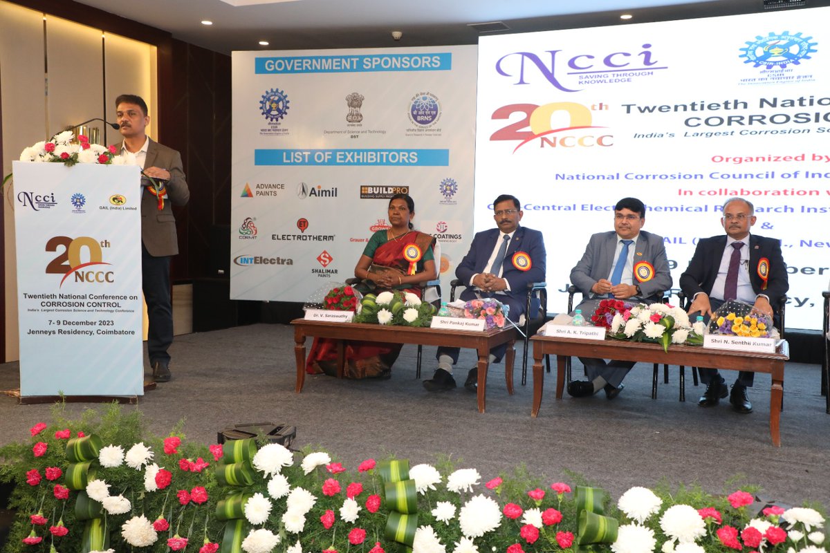 CSIR_CECRI's tweet photo. @CSIR_IND 
@nccikkdi 
@gailindia 

Inaugural Session of The 20th National Conference on Corrosion Control organized by NCCI, Karaikudi in collaboration with CSIR-CECRI, Karaikudi and GAIL (India), New Delhi at Coimbatore [December 7, 2023]: https://t.co/FPgyI5qw4K