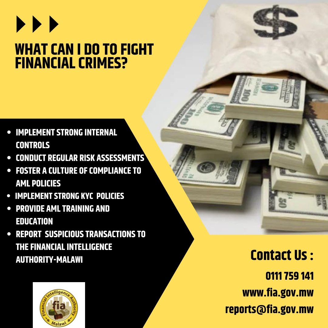 Join hands with <a href="/FIAMalawi/">Financial Intelligence Authority, Malawi</a> to combat and prevent financial crimes

#amlcompliance for a Malawi free of financial crimes