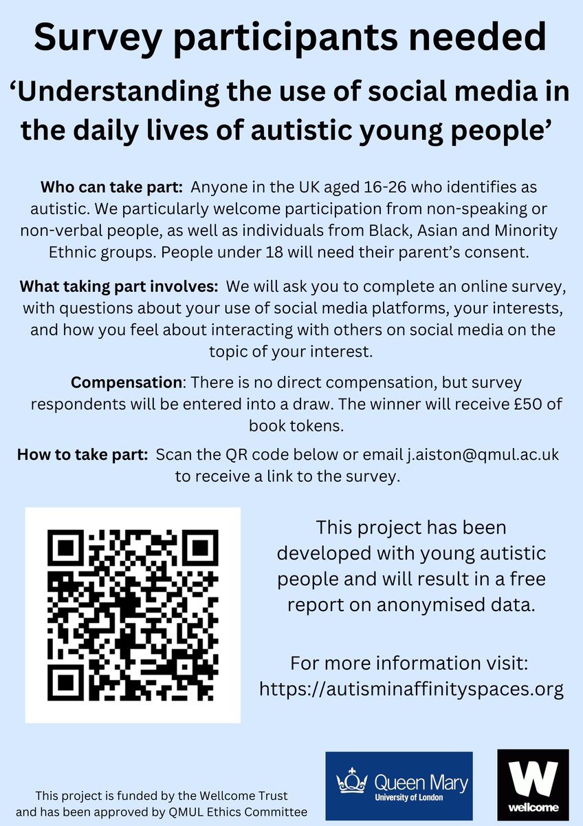 A survey link to a new study at QM. Please share widely! We particularly welcome participation from non-speaking people as well as individuals from Black, Asian and Minority Ethnic groups as they are under-represented in autism research.
qmulbusiness.qualtrics.com/jfe/form/SV_4S…
