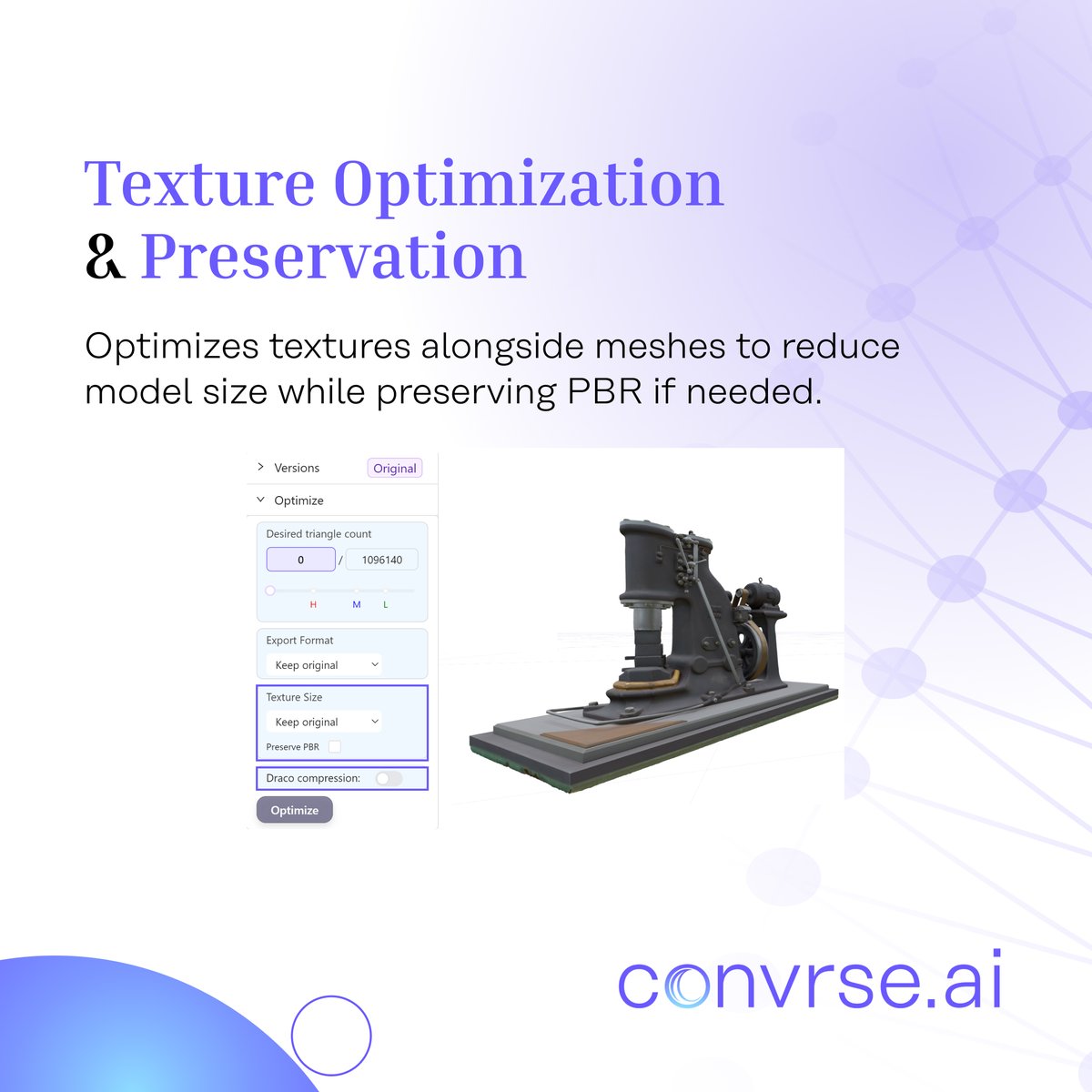 Convrseai's tweet photo. What sets our tool apart from others in the market are its versatile capabilities. It’s not merely a typical optimizer plugin in your 3D software; rather, it’s a comprehensive cloud-based platform filled with smart features. 

#convrseai #optimizewithoutcompromize #3d #3dmodeling https://t.co/h2CMn2mpZQ