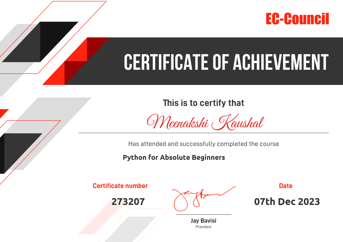 MeenakshiKaus's tweet image. "Thrilled to achieve my Python certification from EC Council! Mastering Python's fundamentals enhances my problem-solving skills, empowering me to create innovative solutions. Excited for the opportunities this expertise brings! #PythonCertification #ECCouncil"