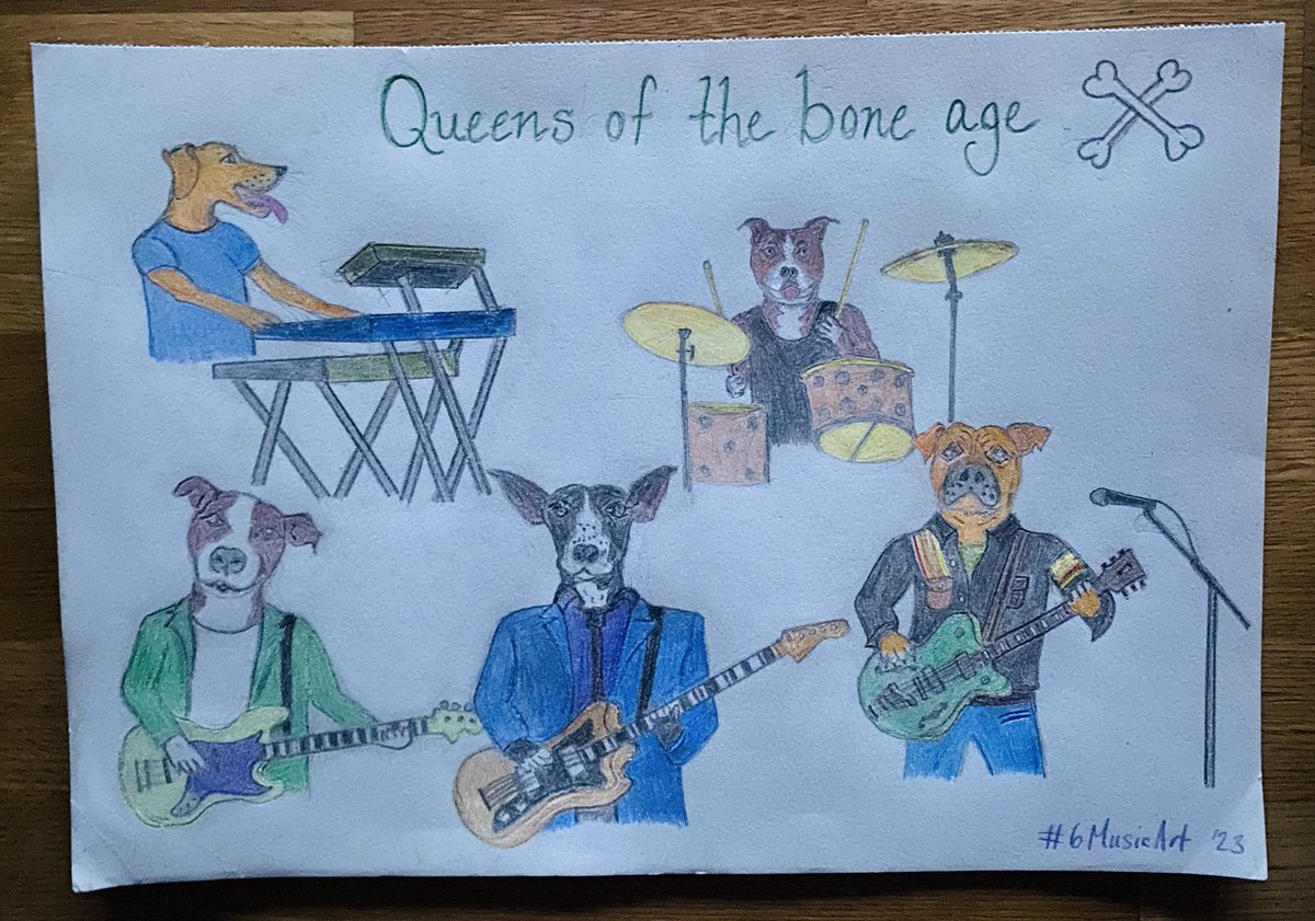 If my dogs (past & present) were in a rock band… Introducing “Queens of the bone age’ featuring Frank lead vocals & guitar, George guitar, Sidney drums, Red keys & Winston bass 🦴 #ArtIsEverywhere #6MusicArt @maryannehobbs @BBC6Music @qotsa