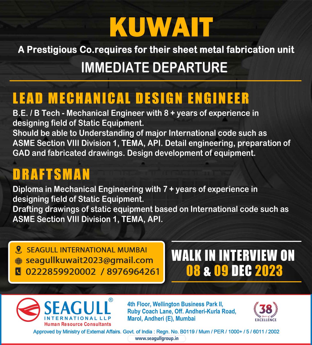 hrd1_seagull's tweet photo. 🇰🇼Kuwait Jobs
✈️Immediate Departure
🗓️Walk In Interview On 08th & 09th December 2023
📍Location- Mumbai
.
.
.
#kuwaitjobs #seagull #mumbaijobs #leadmechanicaldesignengineer #draftsman https://t.co/92he66T6FY