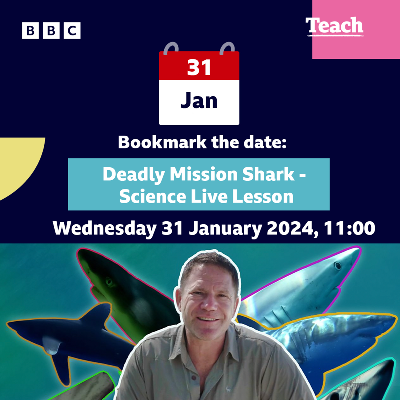 BBC_Teach's tweet photo. DEADLY MISSION SHARK ALERT 🦈
Don't miss this Science Live Lesson hosted by @SteveBackshall and @Naomi_Wilkinson!
#BBCTeachLiveLessons