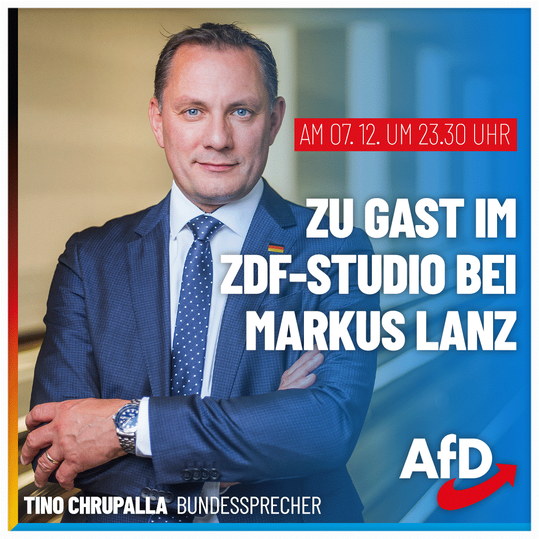 Unbedingt anschauen: Unser Bundessprecher <a href="/Tino_Chrupalla/">Tino Chrupalla</a> ist am heutigen Donnerstag um 23.30 Uhr zu Gast bei Markus #Lanz im #ZDF! Chrupalla wird dort mit weiteren Gästen über die Haushaltskrise, Wirtschaftspolitik und den Gaza-Krieg diskutieren.
⚠️ Bitte beachten: Die