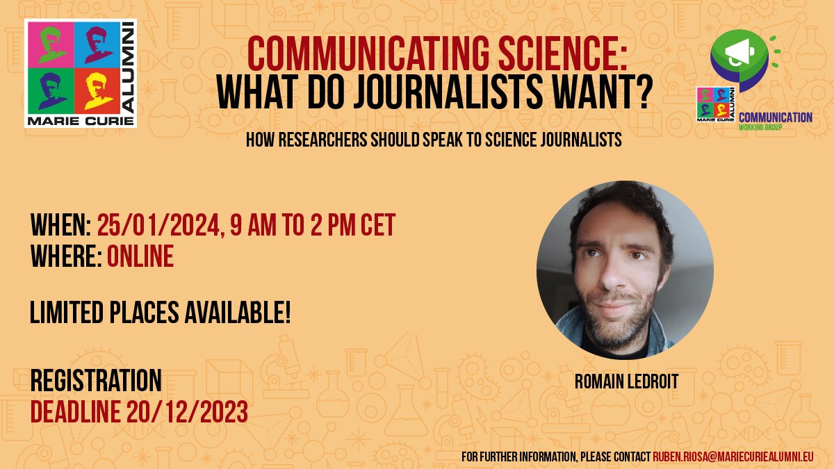 Mariecurie_alum's tweet photo. π’ What do #journalist want?
The #MCAA Training Program is back with a new event! π
Are you interested in knowing more about how to speak to #ScienceJournalist?
If so, then this training is perfect for you! π
Find out more and register soon π https://t.co/D3Raoe17Z6 https://t.co/5HDhpfvzxT