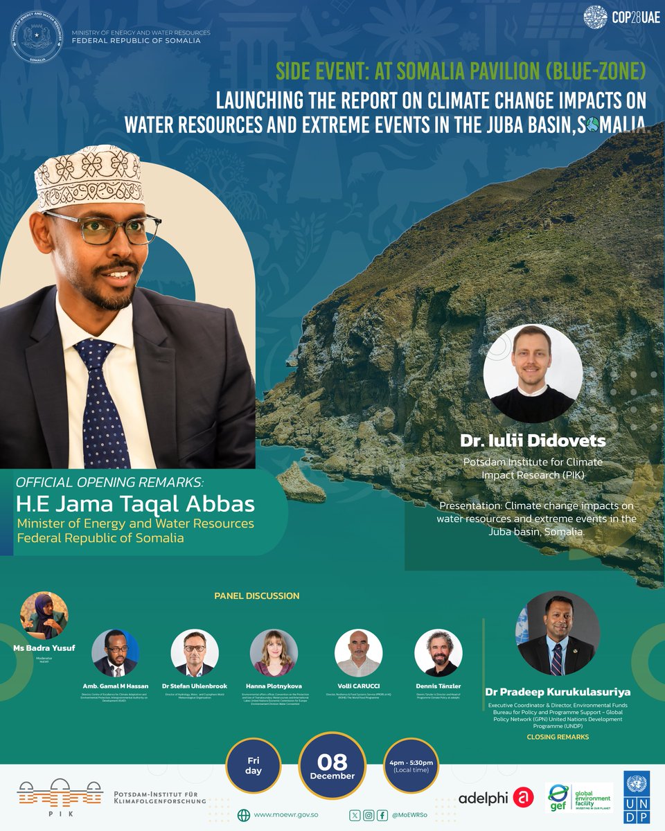 MoEWRSo's tweet photo. At the @COP28_UAE, the @MoEWRSo is launching the study of Climate Change Impacts on Water Resources and Hydrological Extremes in the Juba Basin. #COP28  1/3 https://t.co/avnkPgrql0