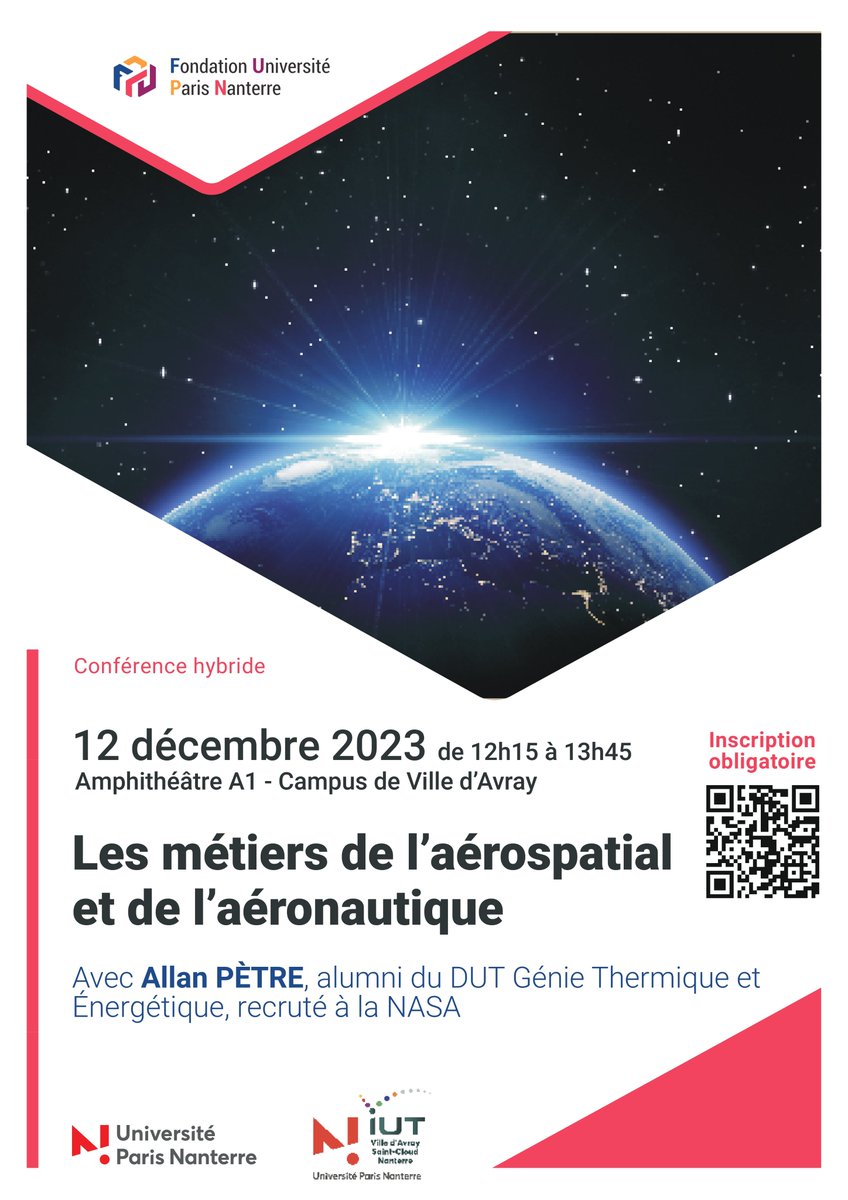 iutvda's tweet photo. [CONFERENCE]
🚀 Les métiers de l'aérospatial et de l’aéronautique ! Conférence exceptionnelle sur les métiers de ce secteur, animée par @astro_allan 
📅 12/12/23
🕒 12h15-13h45
📍 Amphi A1, IUT de Ville d'Avray
🔒 Inscription obligatoire : https://t.co/3THnXG8KD0 https://t.co/1Cp0CDSdVf