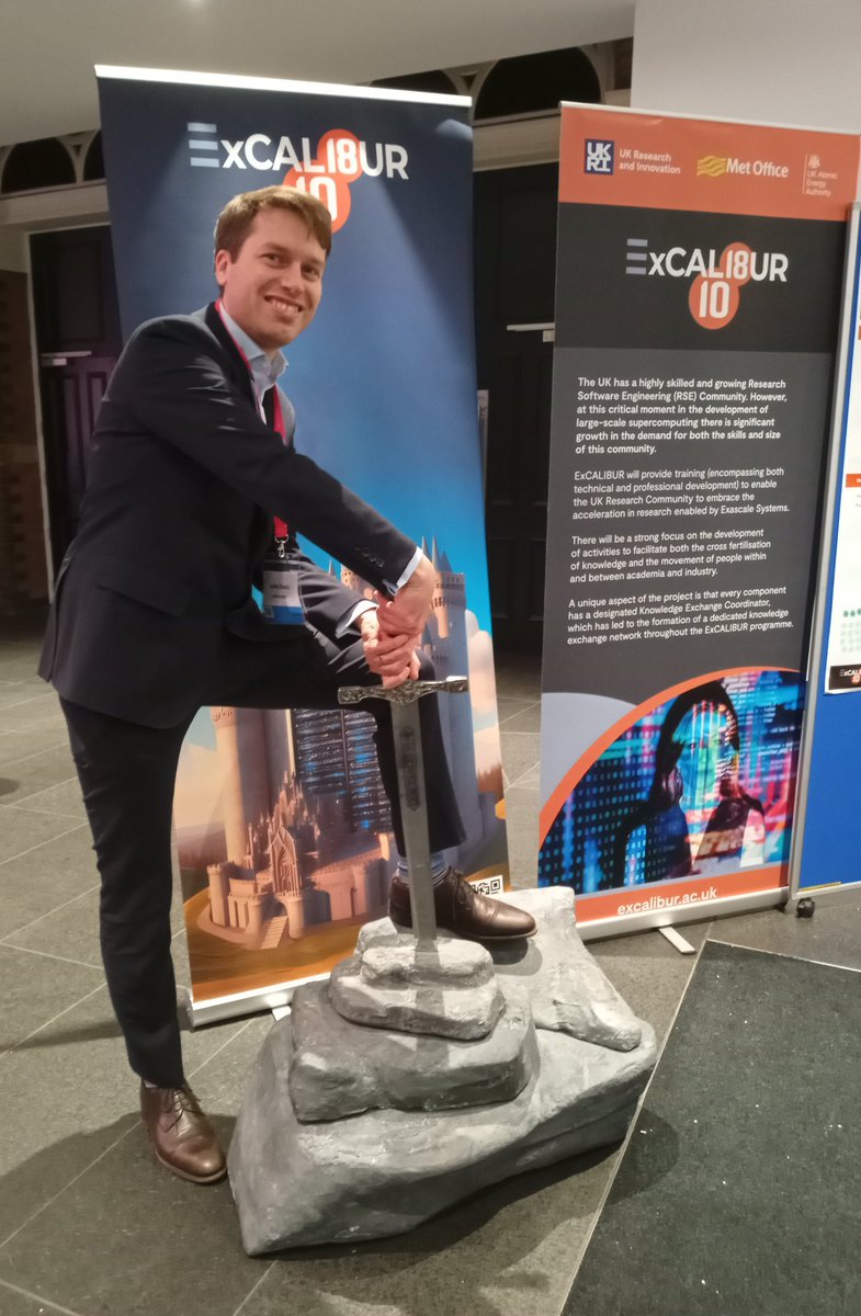 #ExCALIBUR @UKRI_News programme lead Luke Davis recreates the legend of King Arthur and tries to extract the sword from the stone, at #CIUK2023