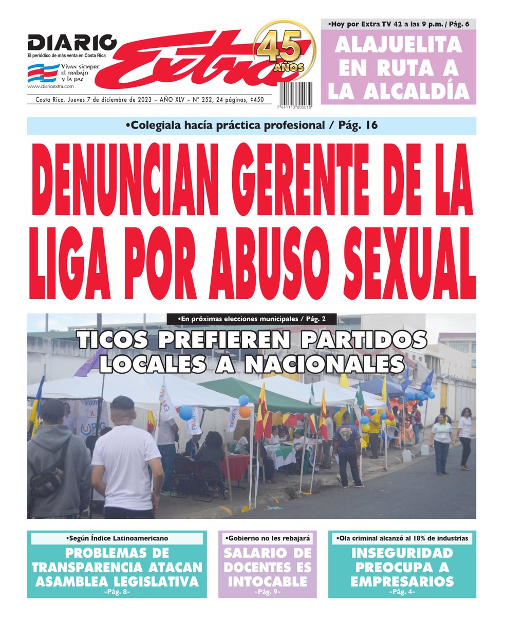 ¡Buenos días! Esta es nuestra portada de hoy jueves 7 de diciembre de 2023. Busque #DiarioExtra en los principales puntos de venta del país. Somos el Periódico de más Venta en Costa Rica.