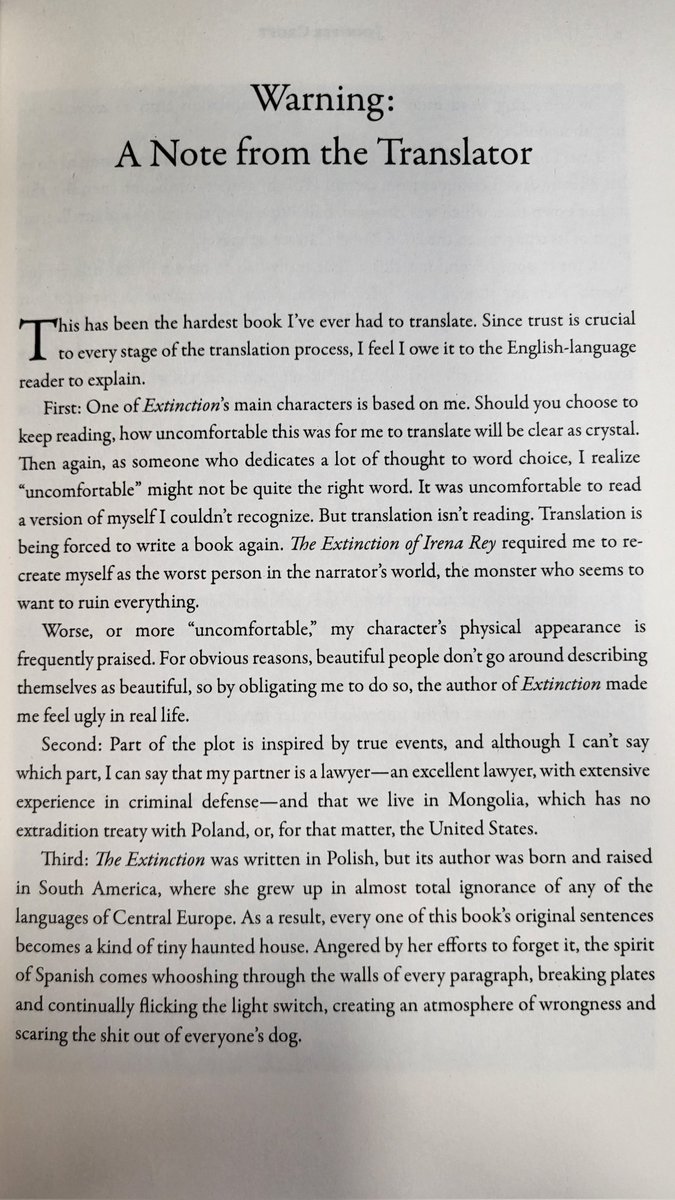Just got my advance reviewer's copy of <a href="/jenniferlcroft/">Jenny Croft</a>'s Extinction of Irena Rey, a novel about 8 translators looking for their author who went missing in Poland's primeval forest. So excited to see it's framed as a pseudotranslation (see the translator's warning signed in 2027).