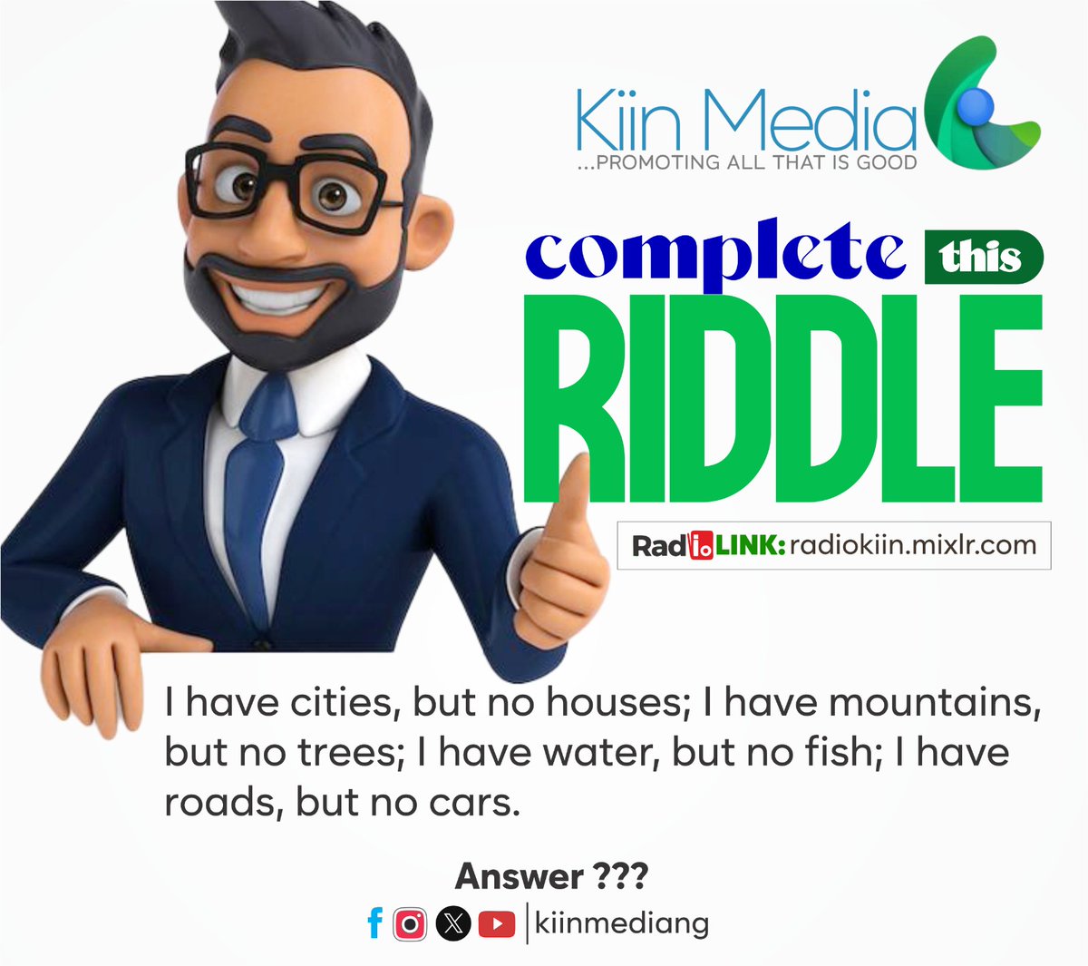 Complete this Riddle: 

I have cities, but no houses; I have mountains, but no trees; 
I have water, but no fish; I have roads, but no cars.

Answer???

Radio Link: radiokiin.mixlr.com

#kiinmediang
#CompletethisRiddle