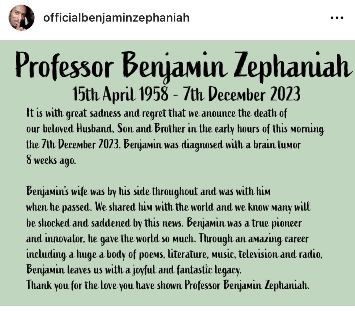 DionneGrant's tweet photo. “[He] was a true pioneer and innovator, he gave the world so much. Through an amazing career, including a huge body of poems, literature, music, television, and radio, Benjamin leaves us with a joyful and fantastic legacy”

Rest well, Benjamin Zephaniah 🕊️
(April 15, 1958 - December 7, 2023)