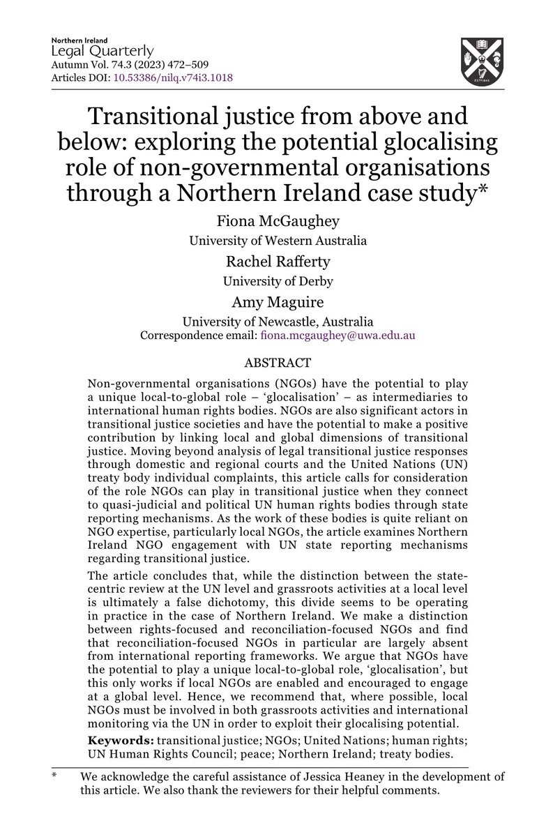 NILegalQ's tweet image. Transitional justice from above and below: exploring the potential glocalising role of non-governmental organisations through a Northern Ireland case study

@FixoTweets @UWALawSchool @UWAPPI  @rmfrafferty @DerbyUni @DrAmyMaguire @uonlawschool 

doi.org/10.53386/nilq.…