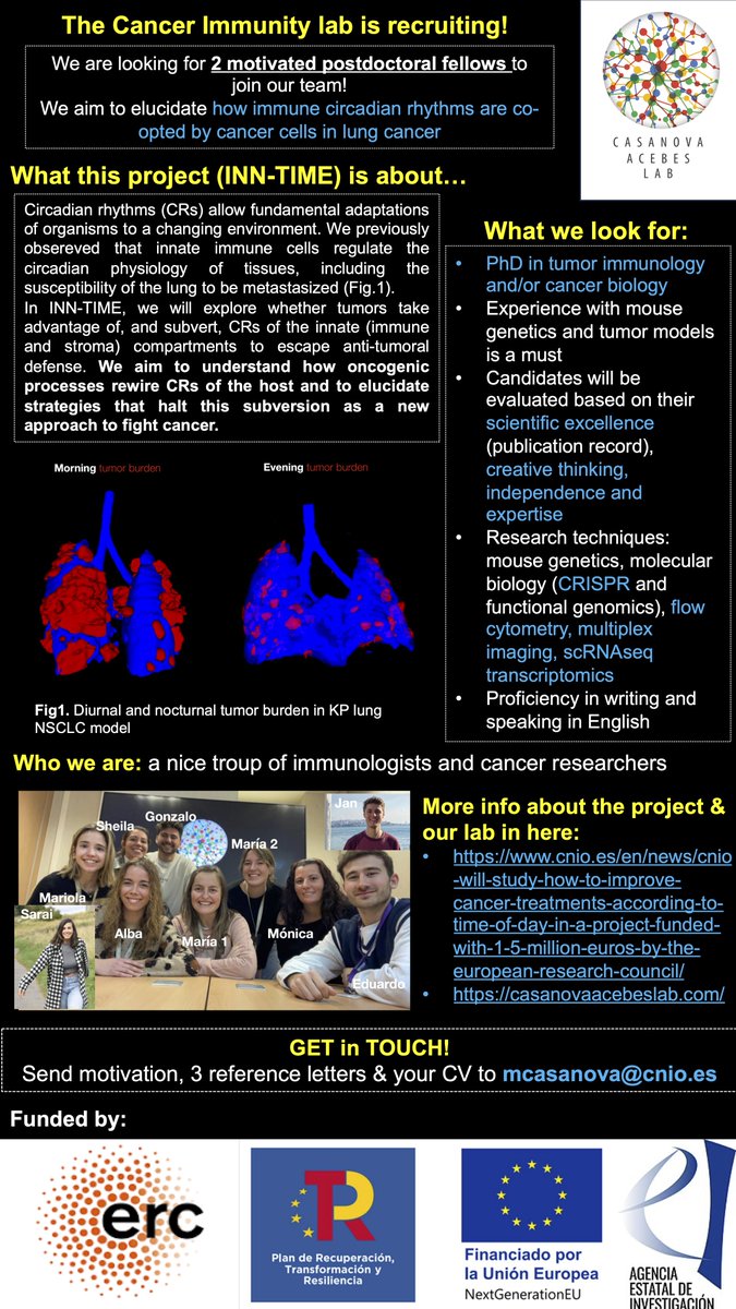 Casanova Acebes Lab (@casanova_acebes) on Twitter photo We are #hiring!
2 postdoctoral positions to join our endeavor to dissect circadian immunity in lung cancer. Check it out! <a href="/ERC_Research/">European Research Council (ERC)</a> #ERCJobs <a href="/CNIOStopCancer/">CNIO Stop Cancer</a> We are #hiring!
2 postdoctoral positions to join our endeavor to dissect circadian immunity in lung cancer. Check it out! <a href="/ERC_Research/">European Research Council (ERC)</a> #ERCJobs <a href="/CNIOStopCancer/">CNIO Stop Cancer</a>