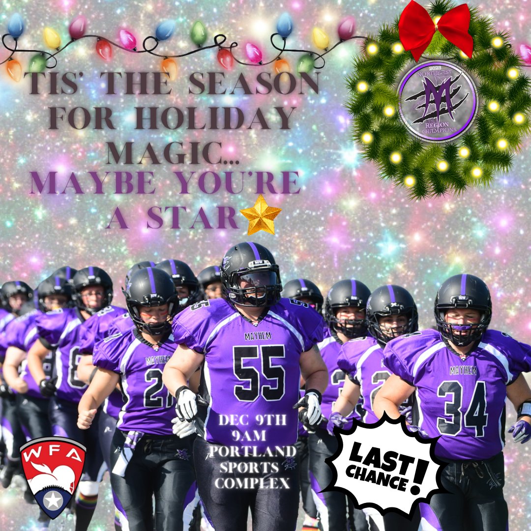MaineMayhemFB's tweet image. Are you ready for some holiday magic? Maybe it's YOU'RE magic to become something amazing in 2024!

DEC 9TH 
9AM 
PORTLAND SPORTS COMPLEX 

Click the link for more info and register today! 
mainemayhemfootball.com/join-the-team/
#HolidayMagic #roadtocanton2024 #2024loading #newseason
