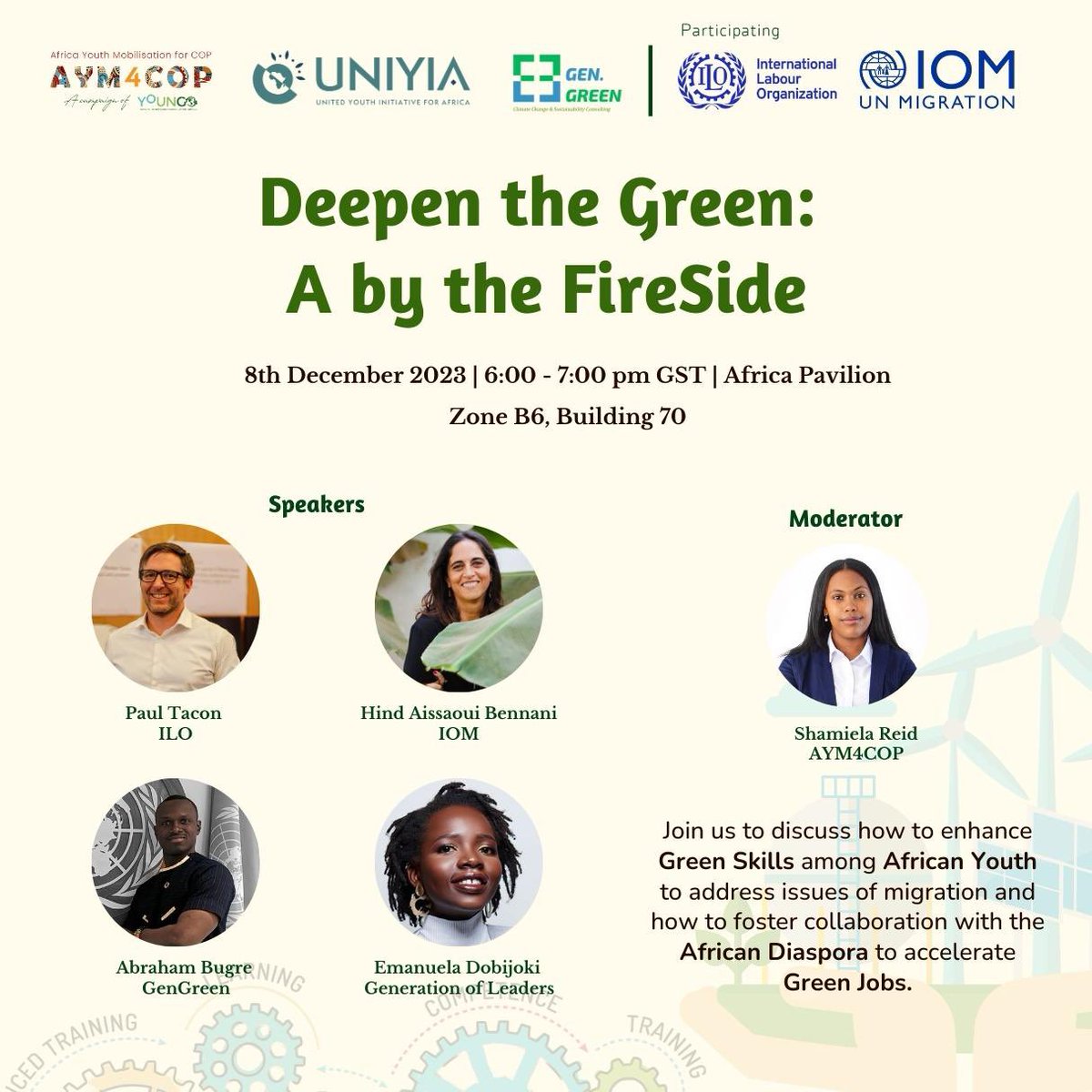 #COP28 | Join us to discuss how to enhance #GreenSkills among African Youth to address issues of #migration and how to foster collaboration with the African Diaspora to accelerate Green Jobs #COP28_UAE #UNIYIA