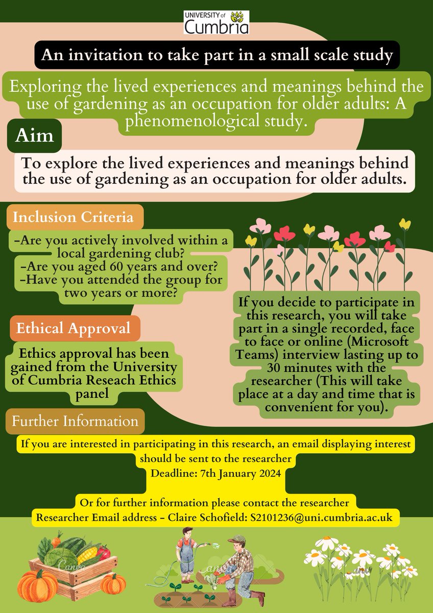 schof1403's tweet photo. I am a 3rd year BSc (Hons) Occupational Therapy student. As part of my final year degree, I am completing a research project. I am looking for volunteers to participate, please see the below post for further details. Please share, Thank you! @CumbriaUni @OTCumbria #gardening https://t.co/AUVUiIA4iu
