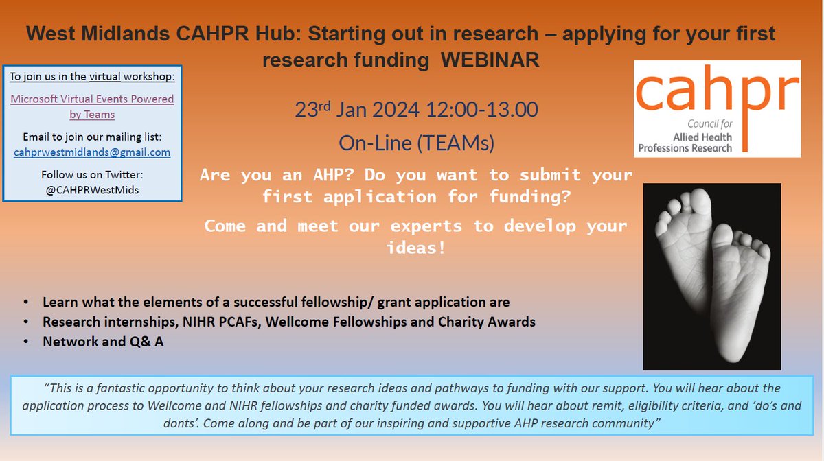 We are leading up to our first CAHPR West Midlands event of 2024! Join us at our webinar on applying for research funding Sign up here: tinyurl.com/CAHPR-WM-Jan-2… And please keep in touch - e mail us to join our mailing list: cahprwestmidlands@gmail.com @ProfDMPeters @DrJanetDeane