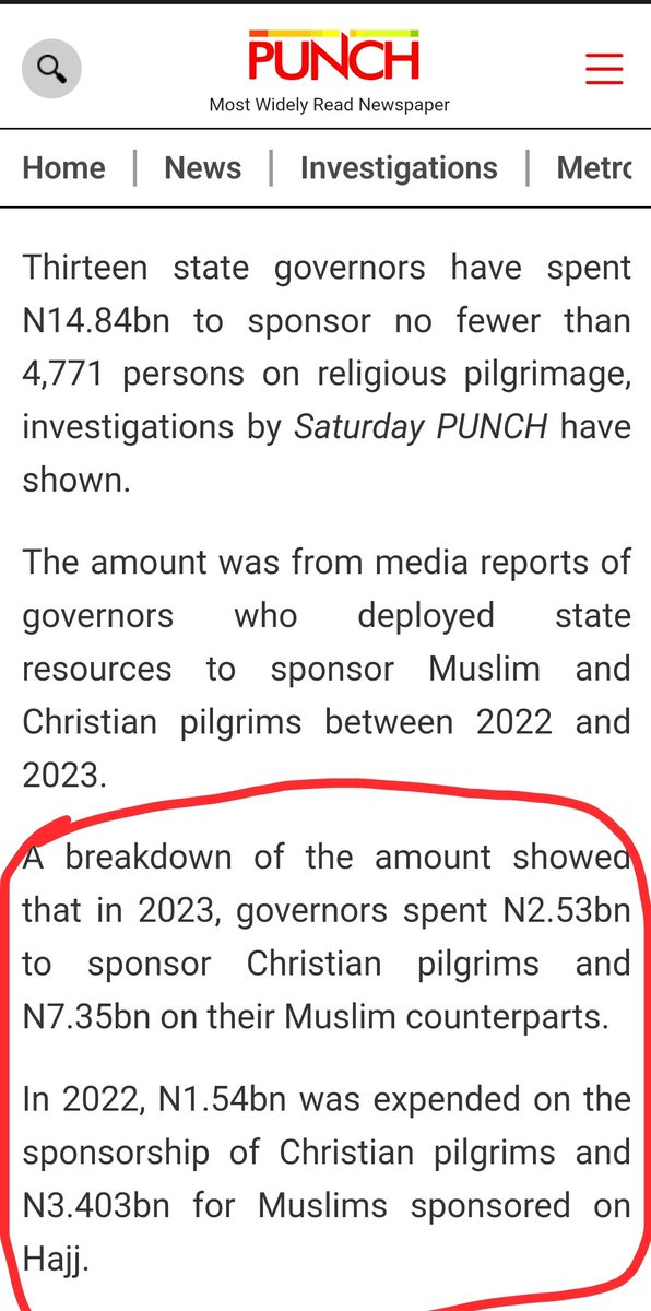 Must you mischievously twist @InibeheEffiong's point & misrepresent issues? Truth is, not pilgrim is 100% self-sponsored. Here's a Punch excerpt showing that 'in 2023, governors spent N2.53bn to sponsor Christian pilgrims and N7.35bn on their Muslim counterparts.'