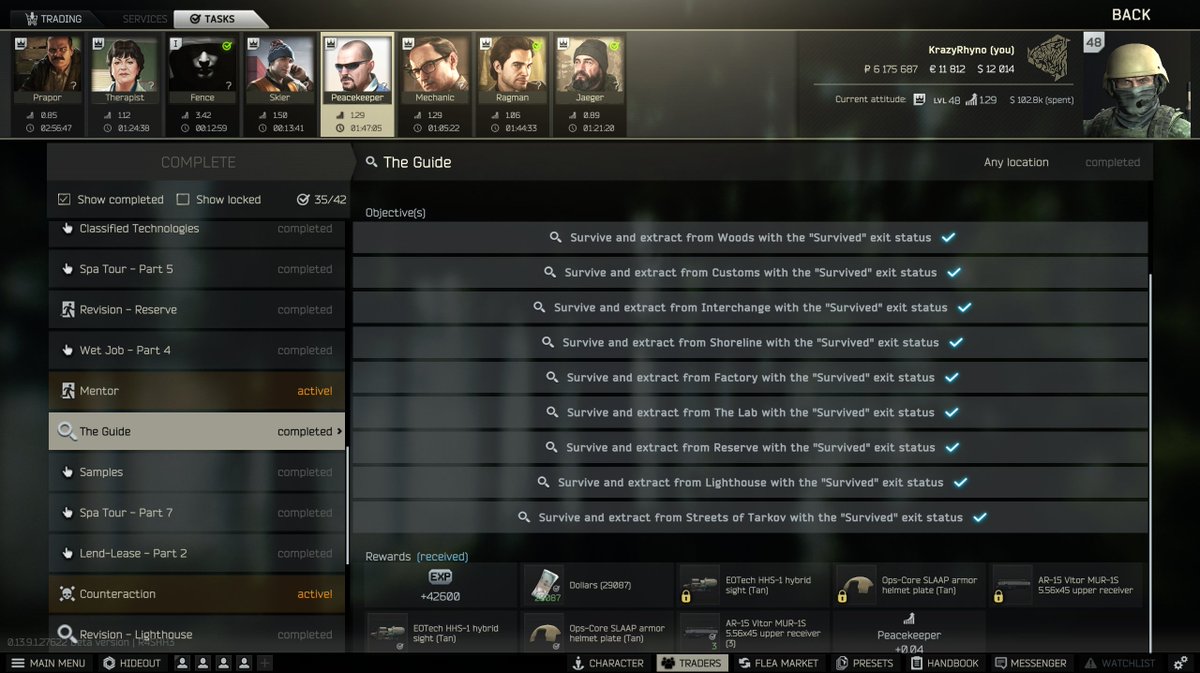 KrazyRhyno's tweet image. Nothing feels better than the hype after completing a task for the first time ever!

19 tasks left for Kappa, it&apos;s not too late......right?

#TheGuide
#EscapefromTarkov