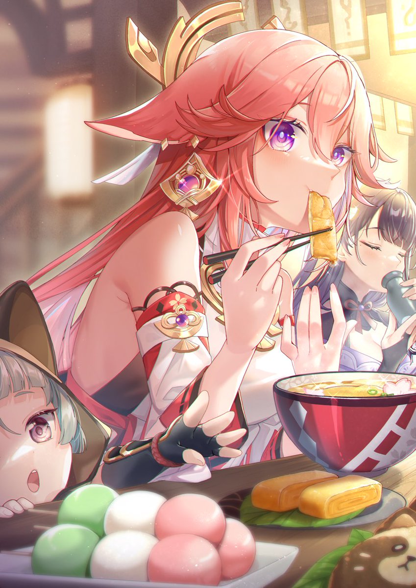 raiden shogun ,sayu (genshin impact) ,yae miko food multiple girls 3girls purple eyes chopsticks wagashi animal ears  illustration images