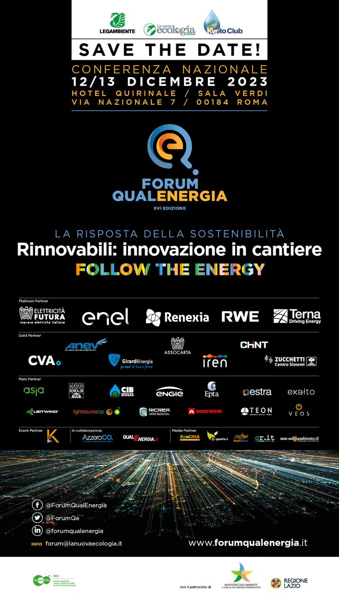 Appuntamento importante il <a href="/ForumQe/">Forum QualEnergia</a> 12-13 dicembre.
Mettiamo insieme le energie per un'Italia più sicura e indipendente!
Martedì 12 nel mio intervento spiegherò i benefici per il Paese che il settore elettrico è pronto a creare accelerando la transizione 
forumqualenergia.it
