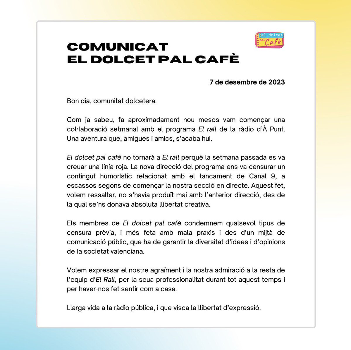 Si hui ens esperàveu a El Rall com cada dijous, volem dir-vos que no ens escoltareu. Hem decidit no tornar👇