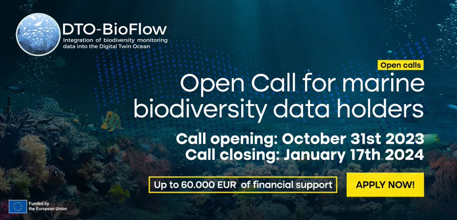 🦑 Calling marine #biodiversity data holders to join the @DTOBioFlow call! Be part of the #EUDTO's transformation – apply for the Financial Support to Third Parties (FSTP) grant by Dec 17th! Boost data flow & contribute to marine ecosystems!  Learn more: tinyurl.com/yfpw854m