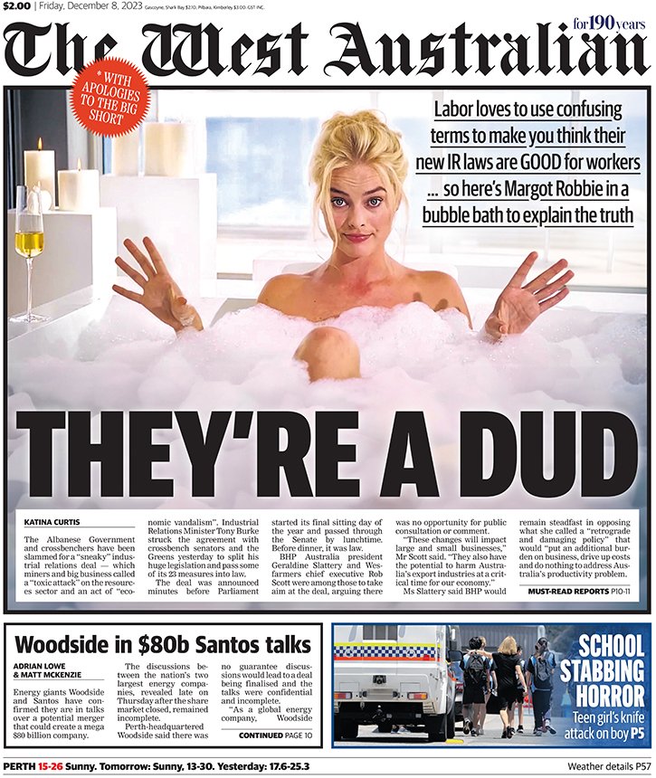 AnthDeCeglie's tweet image. The front page of tomorrow&apos;s The West Australian #auspol