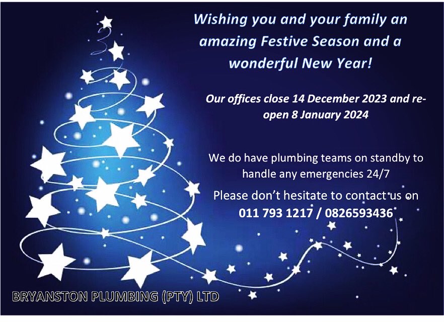 Wishing all our loyal customers a wonderful festive season! 
Please note our shut down period - we do have teams on standby for any emergencies 🤗
#FestiveSeason #Christmas #plumbinglife