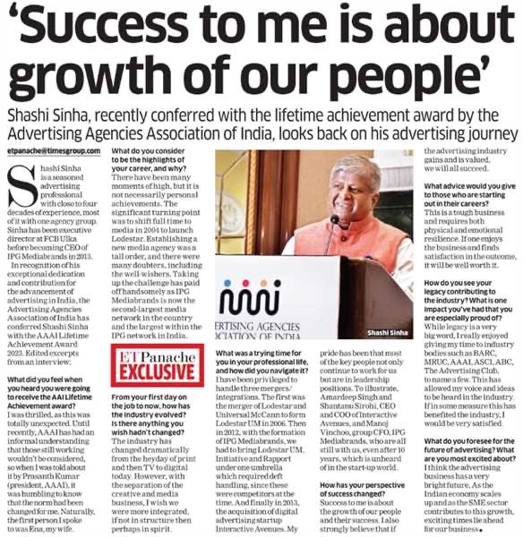 Shashi Sinha, CEO of IPG Mediabrands India, and AAAI Lifetime Achievement Award recipient, shares insights into his illustrious career, reflecting on key milestones and industry evolution in an exclusive interview with @EconomicTimes. Read it here: 🔗 economictimes.indiatimes.com/epaper/delhica…