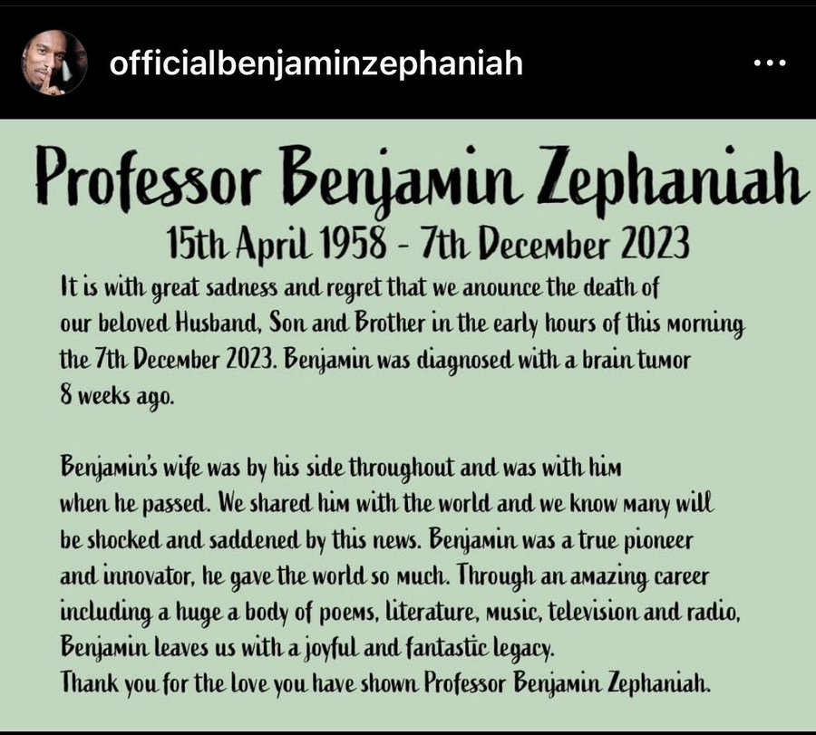 So sad to hear that Birmingham legend Benjamin Zephaniah has died. A proud Brummie who made his city proud. My thoughts are with his family and friends at such a difficult time.