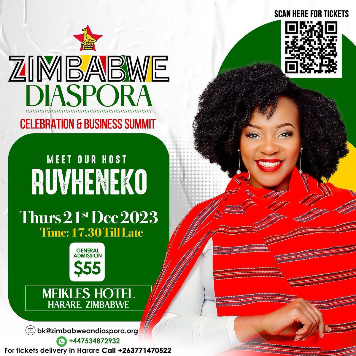 We are excited to have Ruvheneko as host for the Zimbabwe Diaspora Celebration & Business summit 2023. 

Come & join us at Meikles Hotel, Harare on the 21st of December 2023!!

Click this link to register for the Summit buytickets.at/zido 

#zimdiaspora #investinzimbabwe