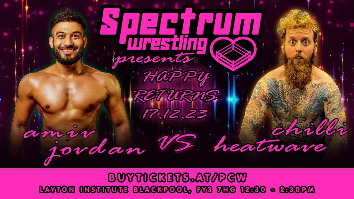 SpectrumPW's tweet photo. ANNOUNCEMENT: Amir Jordan vs. Chilli Heatwave.

We’re doing our part for the environment by harnessing the renewable energy this match will generate in spades. 

Spectrum favorite @ChilliHeatwave6 takes on one of the UK’s very best, @iamamirjordan!

December 17th, Blackpool! https://t.co/tdiEgzn3xS