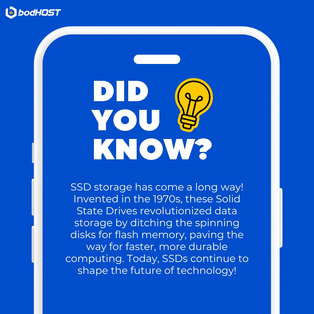 bodHOST's tweet photo. Did you know? From the 1970s revolution to today's tech marvels, SSDs transformed data storage by embracing flash memory. Fast, durable, and shaping the future! 💽🚀
#TechEvolution #SSDHistory #DidYouKnow #bodHOST https://t.co/AIgoWLYOtO