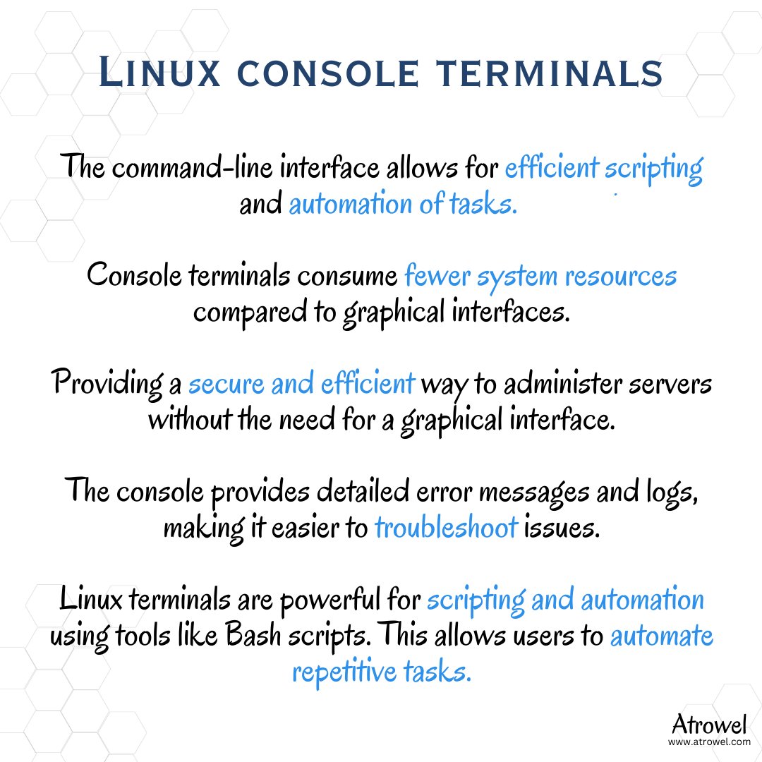 AtrowelCom's tweet photo. 🔍 Dive into the world of Linux virtual consoles! 🖥️ Virtual consoles, Learn how they differ from the Linux console, serving as independent, concurrent interfaces for enhanced functionality. 
🚀 #Linux  #commandline #shell

https://t.co/hXHg8eoiOD https://t.co/8dwMR03Bmb