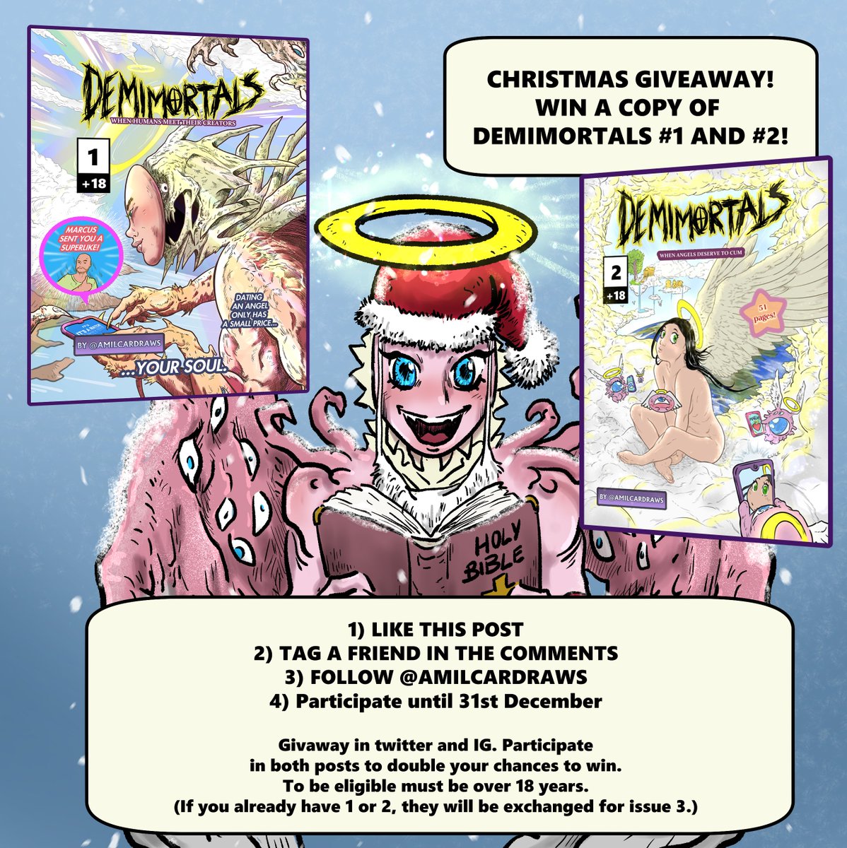 Amilcardraws's tweet photo. Hello, sinners! You know Demimortals is all about sharing love, so i'm giving one copy of issues 1 and 2. 
Demimortals is my comic about biblically accurate angels dating humans (and other stories). 
Happy holidays and good luck! https://t.co/oyYBtz5Y4e