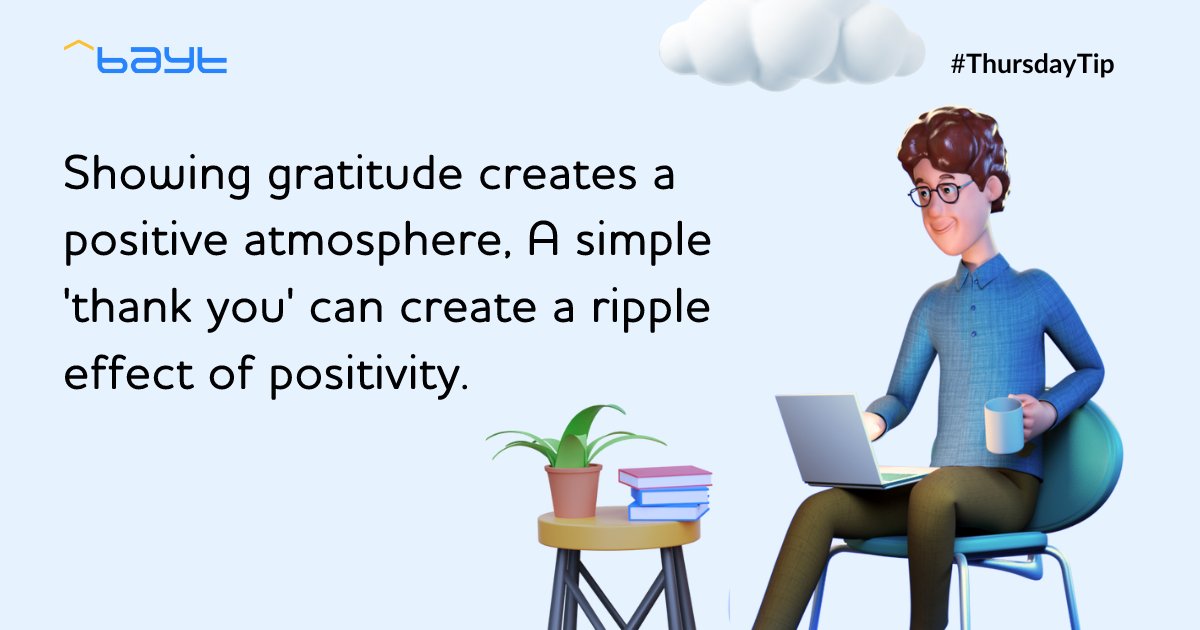 Baytcom's tweet image. Thursday Tip #2: Practice workplace gratitude! A small gesture of appreciation has the ability to spark a series of favorable outcomes. Share your favorite workplace gratitude moment with us in the comments below! 
#Thursdaytips #Bayttips