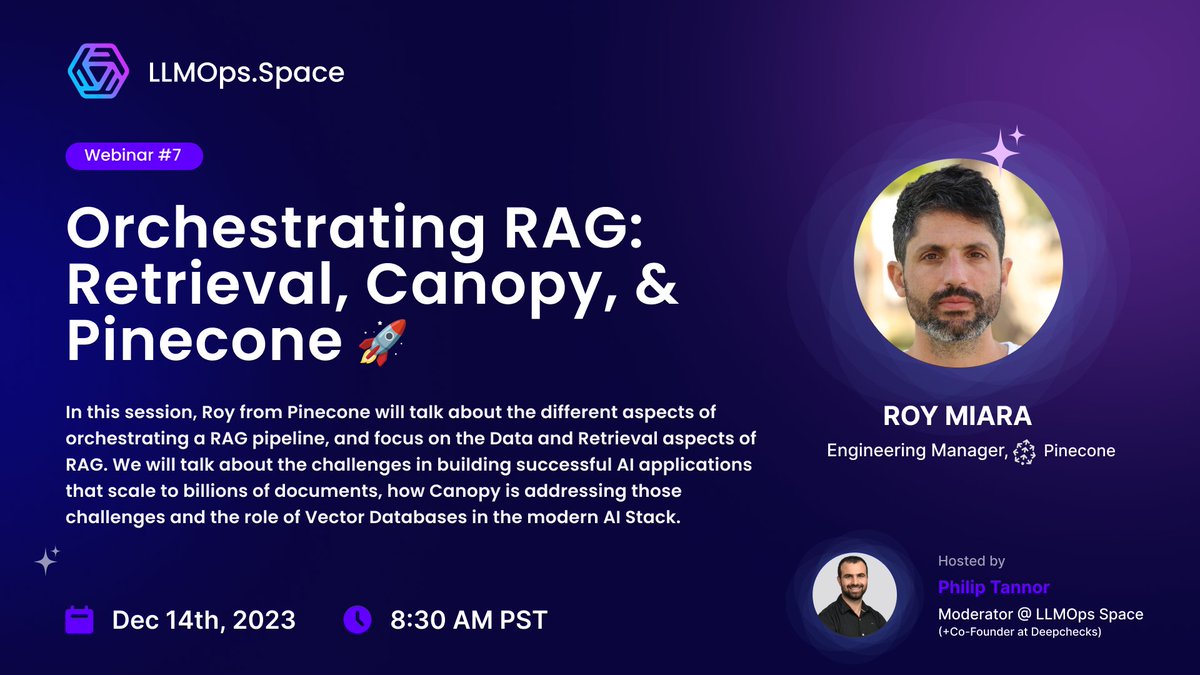 PhilipTannor's tweet image. 🔥The upcoming LLMOps Space event is with @pinecone .🔥

Roy Miara, Engineering Manager from Pinecone will be talking about the different aspects of orchestrating the RAG pipeline in the upcoming event &quot;𝐎𝐫𝐜𝐡𝐞𝐬𝐭𝐫𝐚𝐭𝐢𝐧𝐠 𝐑𝐀𝐆: 𝐑𝐞𝐭𝐫𝐢𝐞𝐯𝐚𝐥, 𝐂𝐚𝐧𝐨𝐩𝐲, &amp;amp;…