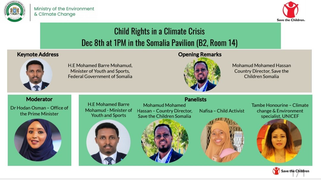 Join us as we discuss the Rights of Children in a Climate Crisis. Date: December 8 Time: 13:00 Location: Somali Government Pavilion @unicefsomalia @PatrickLVDH @SaeedWafaa